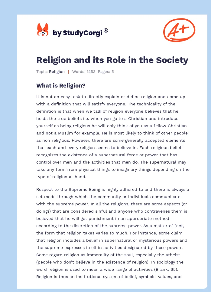 Religion and its Role in the Society. Page 1