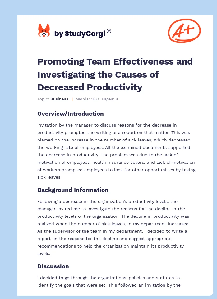 Promoting Team Effectiveness and Investigating the Causes of Decreased Productivity. Page 1