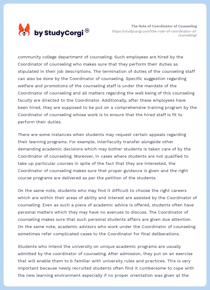 The Role of Coordinator of Counseling. Page 2