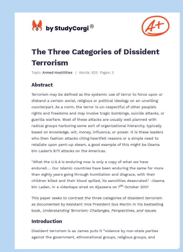 The Three Categories of Dissident Terrorism. Page 1