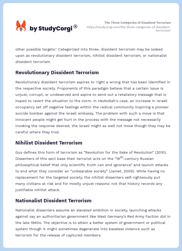 The Three Categories of Dissident Terrorism. Page 2