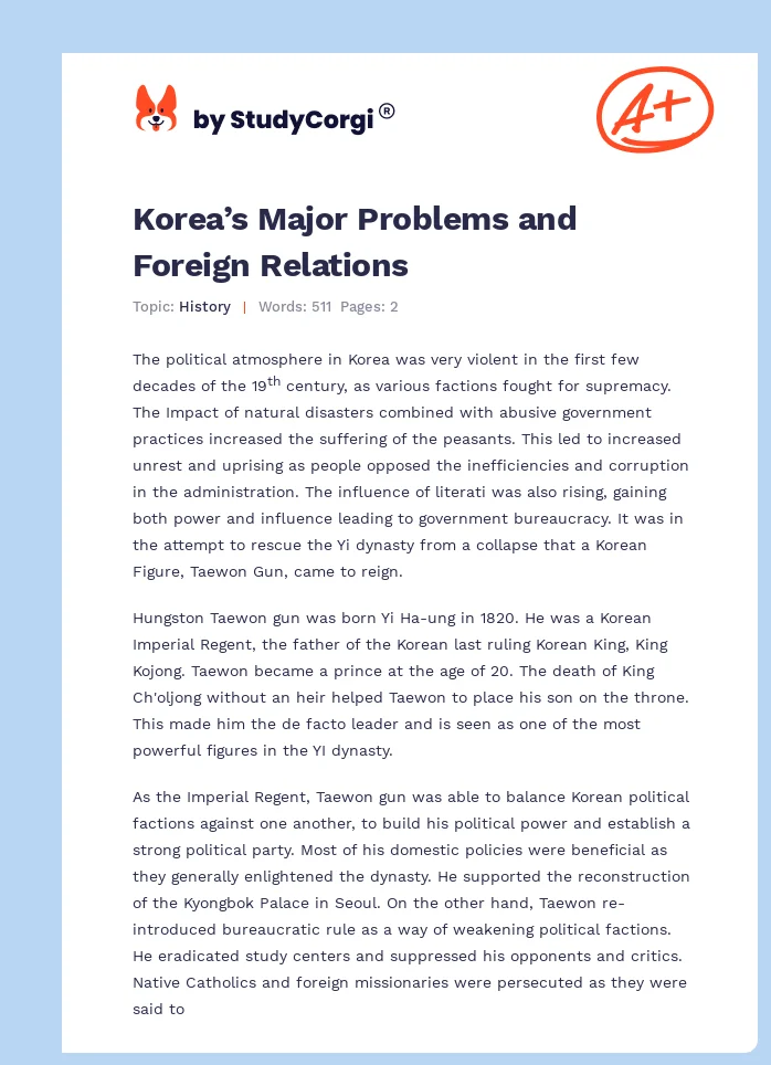 Korea’s Major Problems and Foreign Relations. Page 1