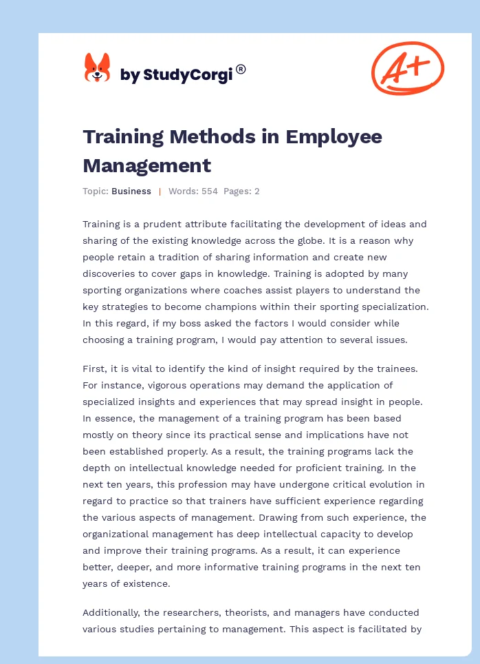 Training Methods in Employee Management. Page 1
