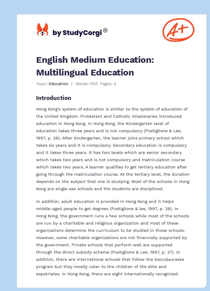 English Medium Education: Multilingual Education. Page 1