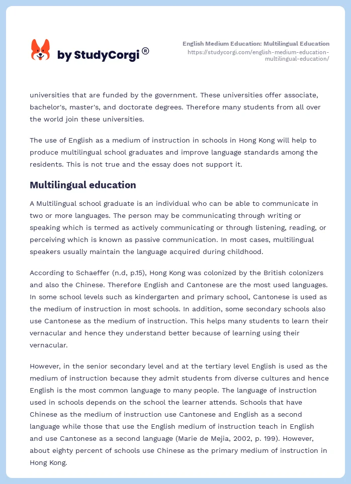 English Medium Education: Multilingual Education. Page 2
