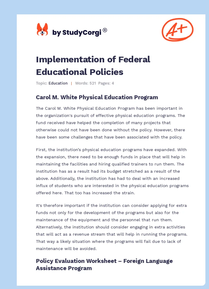 Implementation of Federal Educational Policies. Page 1