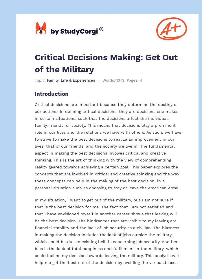 Critical Decisions Making: Get Out of the Military. Page 1