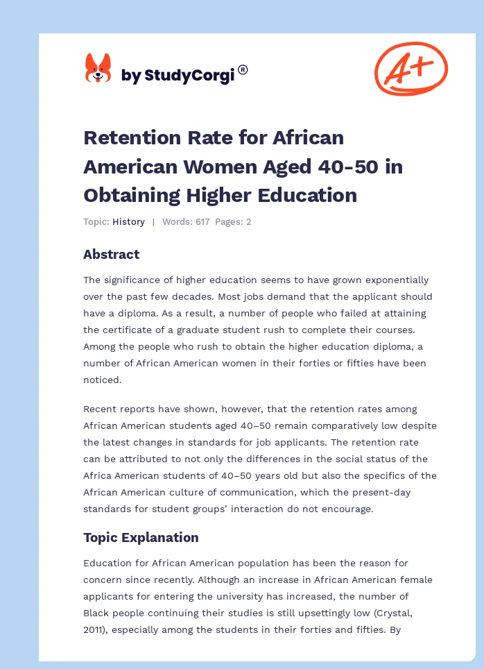 Retention Rate for African American Women Aged 40-50 in Obtaining Higher Education. Page 1