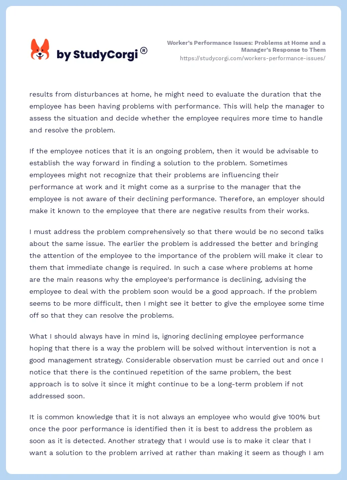 Worker’s Performance Issues: Problems at Home and a Manager’s Response to Them. Page 2