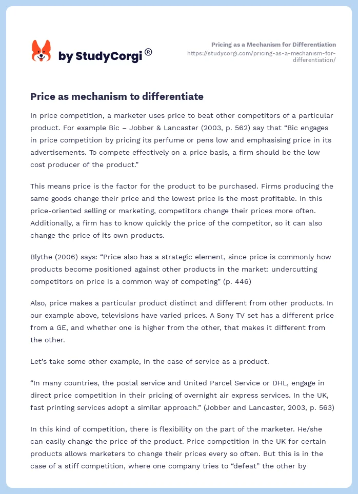 Pricing as a Mechanism for Differentiation. Page 2