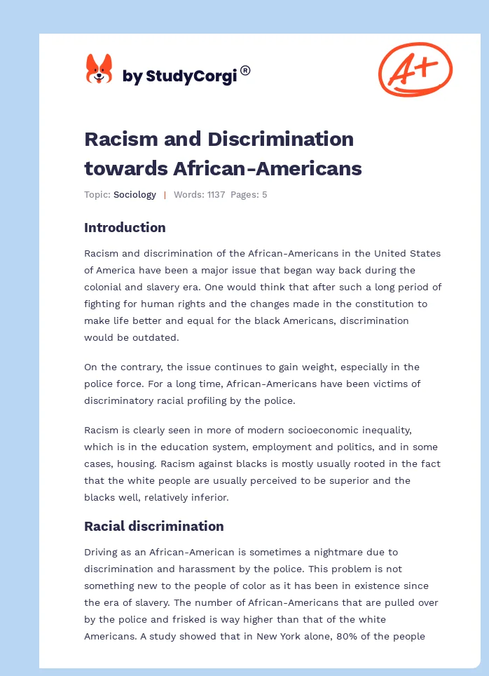 Racism and Discrimination towards African-Americans. Page 1