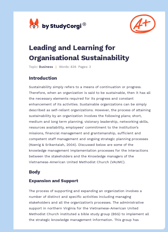Leading and Learning for Organisational Sustainability. Page 1