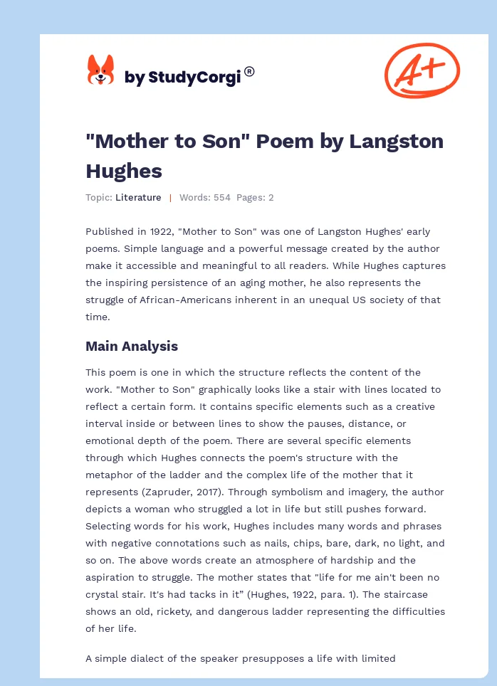 "Mother to Son" Poem by Langston Hughes. Page 1