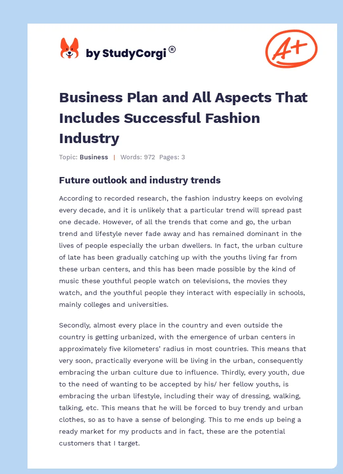 Business Plan and All Aspects That Includes Successful Fashion Industry. Page 1