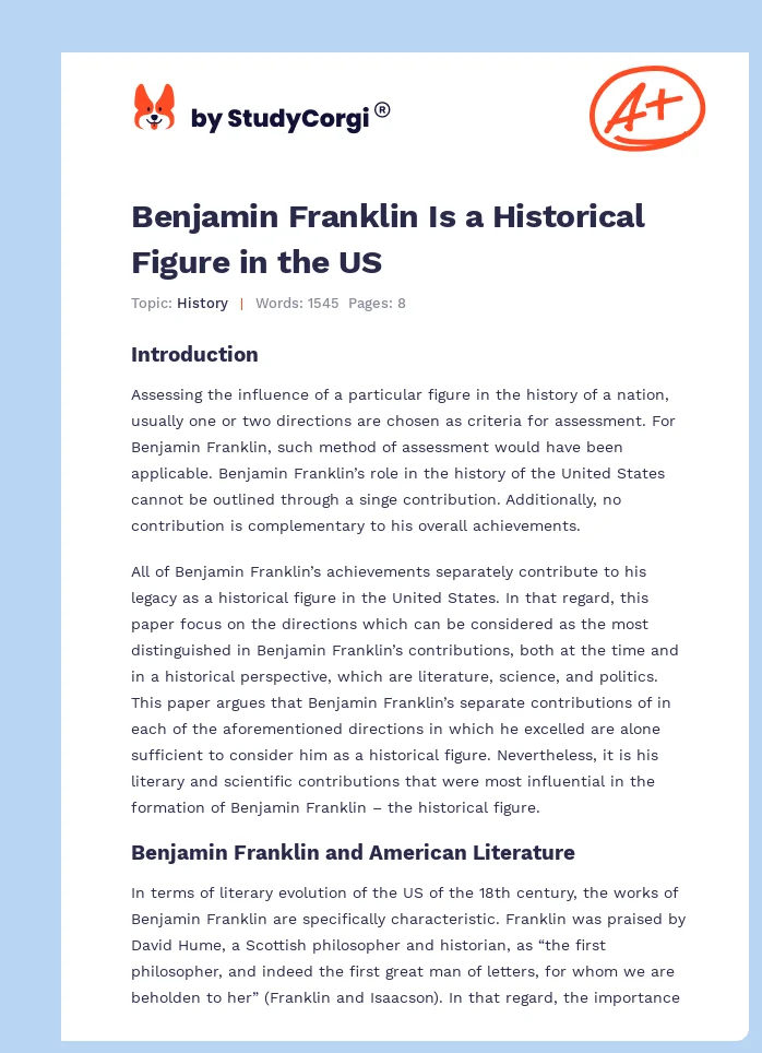 Benjamin Franklin Is a Historical Figure in the US. Page 1