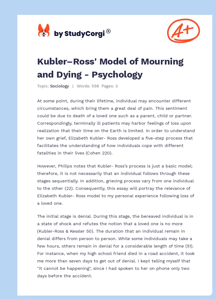 Kubler–Ross' Model of Mourning and Dying - Psychology. Page 1