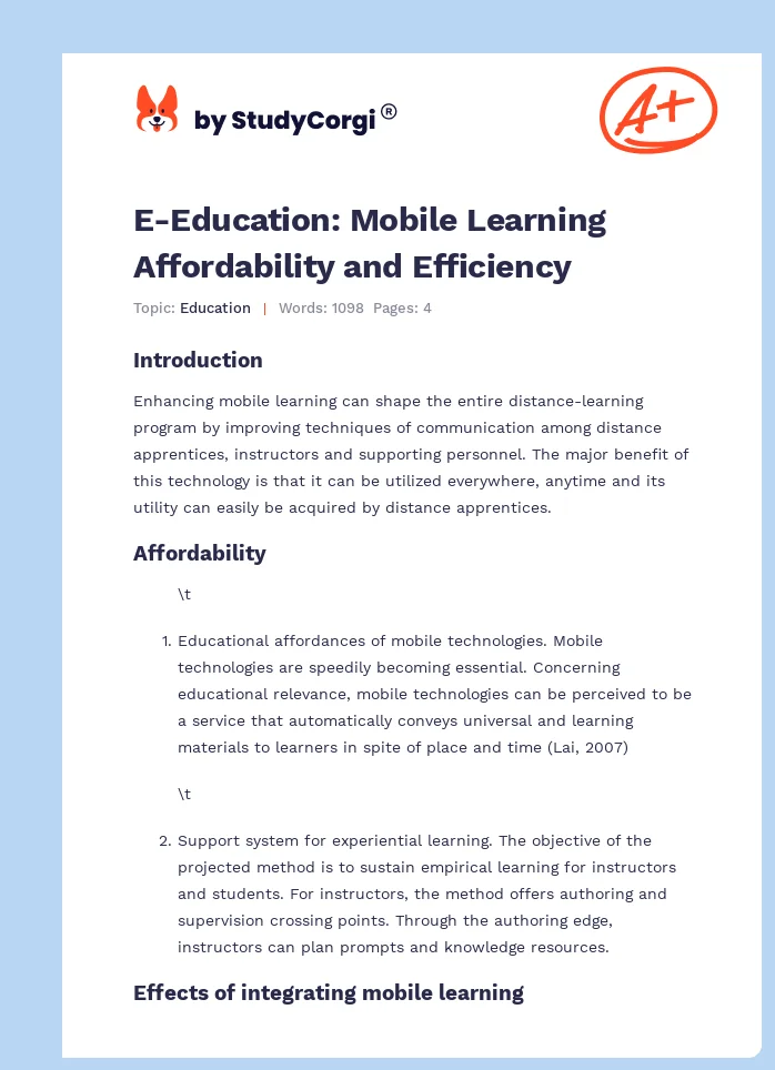 E-Education: Mobile Learning Affordability and Efficiency. Page 1