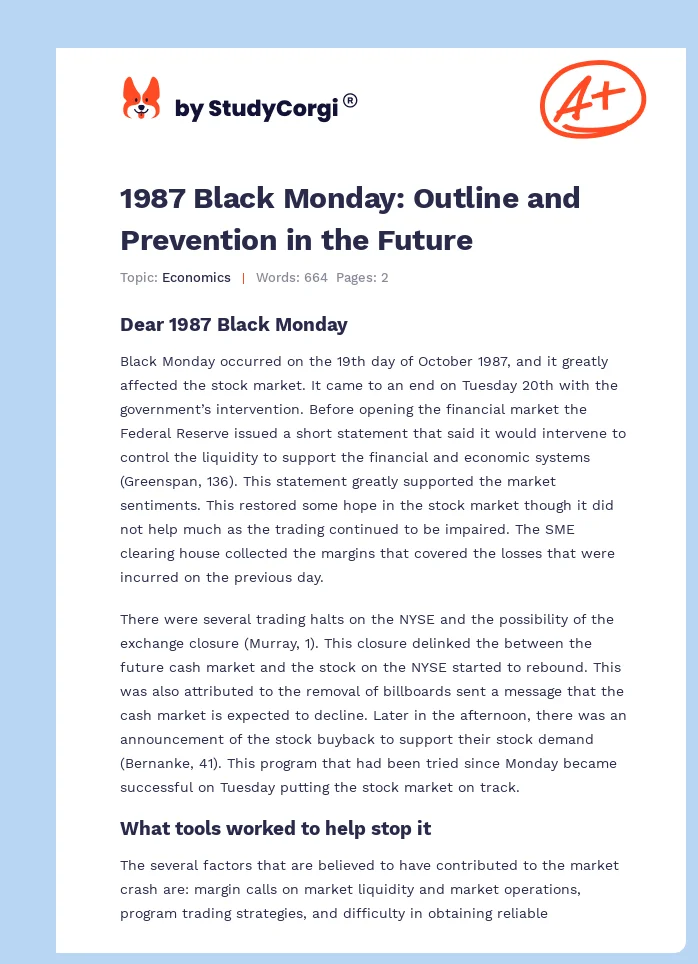 1987 Black Monday: Outline and Prevention in the Future. Page 1