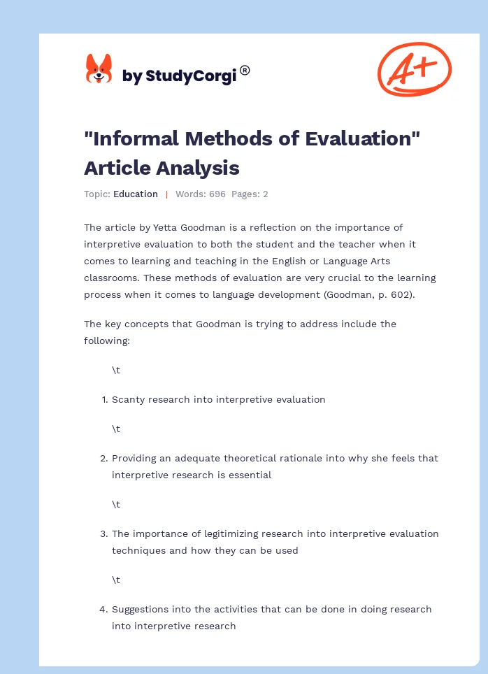 "Informal Methods of Evaluation" Article Analysis. Page 1