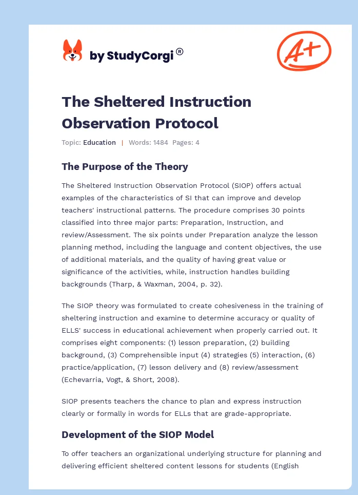 The Sheltered Instruction Observation Protocol. Page 1