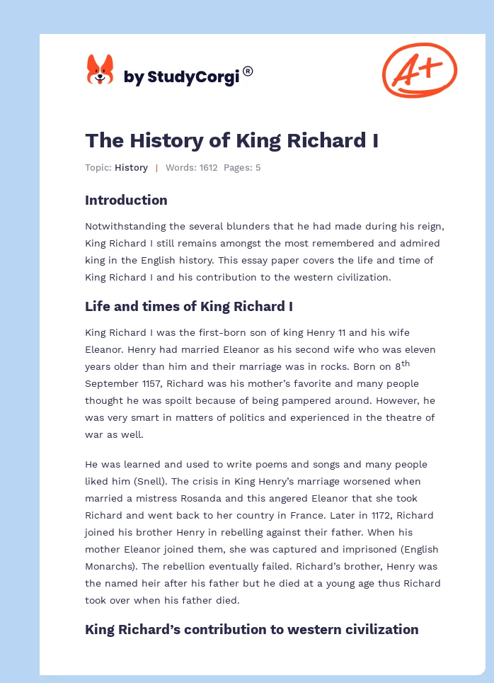 The History of King Richard I. Page 1