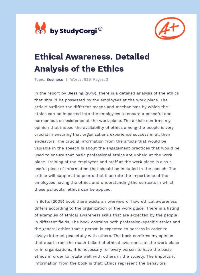 Ethical Awareness. Detailed Analysis of the Ethics. Page 1