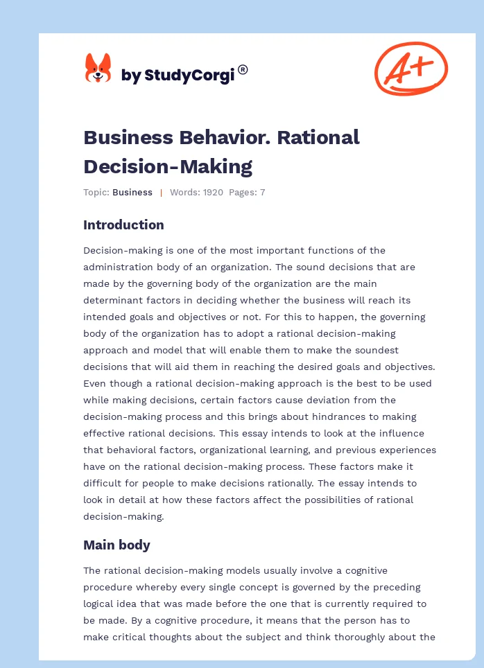 Business Behavior. Rational Decision-Making. Page 1