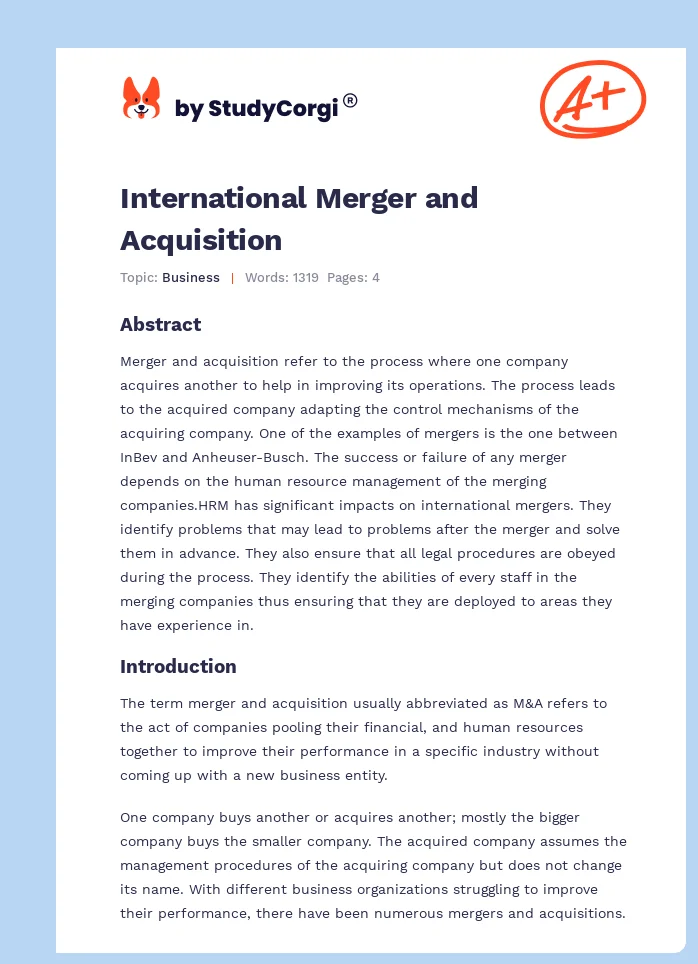 International Merger and Acquisition. Page 1