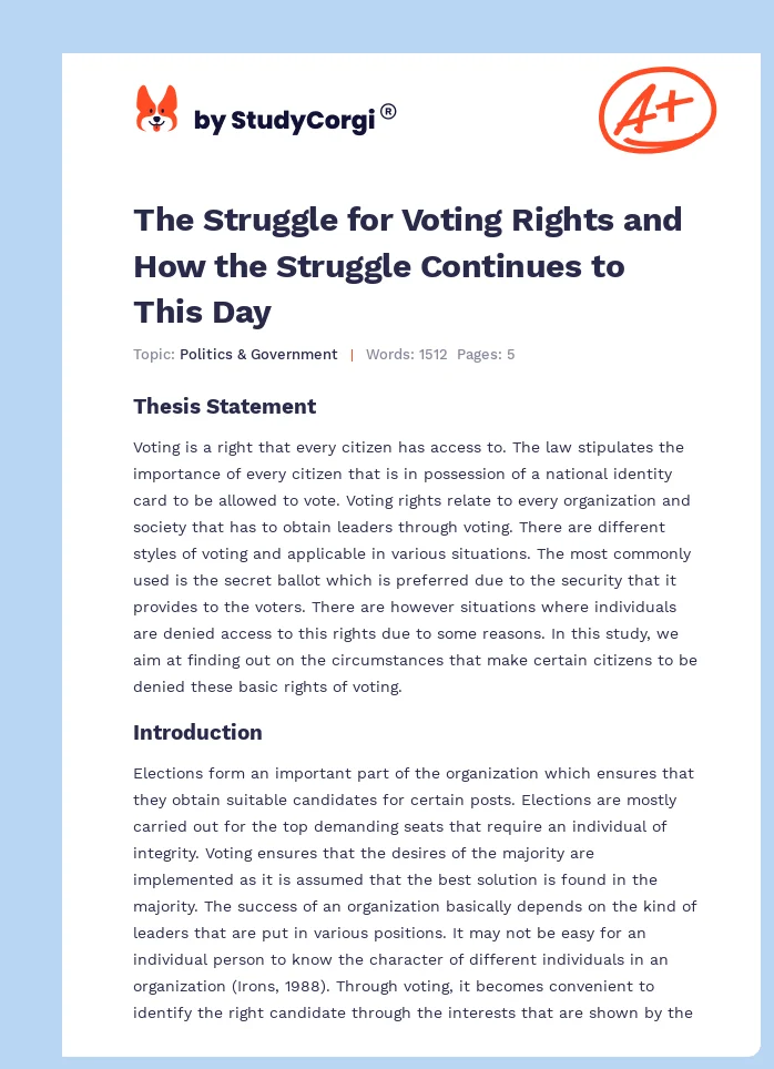 The Struggle for Voting Rights and How the Struggle Continues to This Day. Page 1