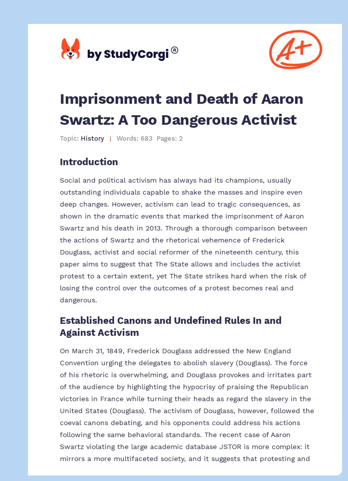 Imprisonment and Death of Aaron Swartz: A Too Dangerous Activist. Page 1