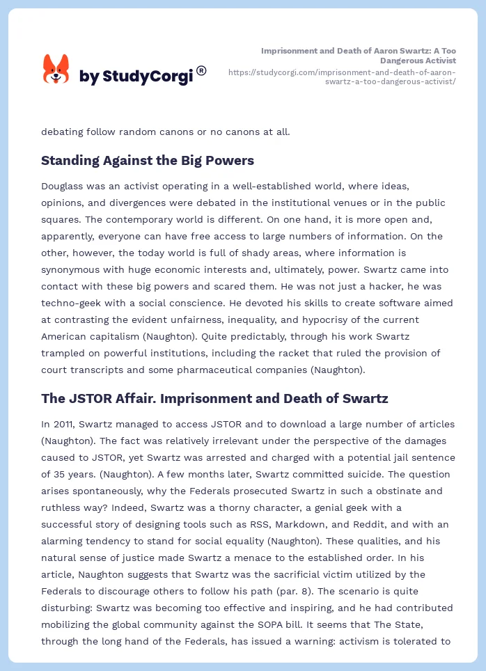 Imprisonment and Death of Aaron Swartz: A Too Dangerous Activist. Page 2