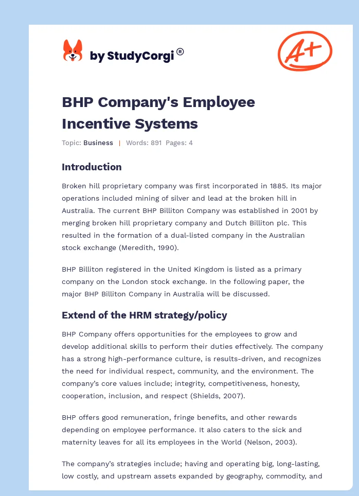 BHP Company's Employee Incentive Systems. Page 1