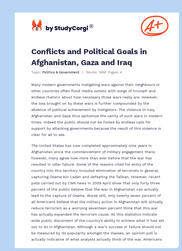 Conflicts and Political Goals in Afghanistan, Gaza and Iraq. Page 1