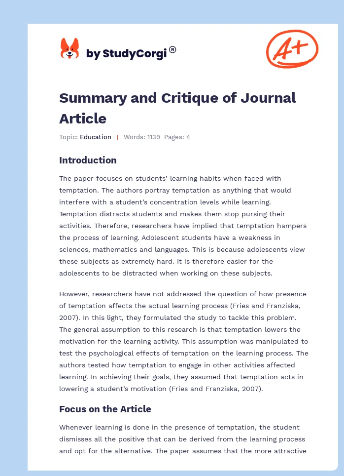 Summary and Critique of Journal Article. Page 1