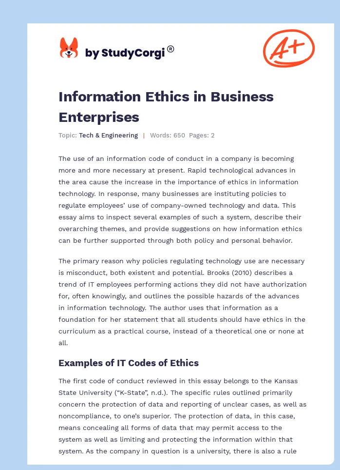 Information Ethics in Business Enterprises. Page 1
