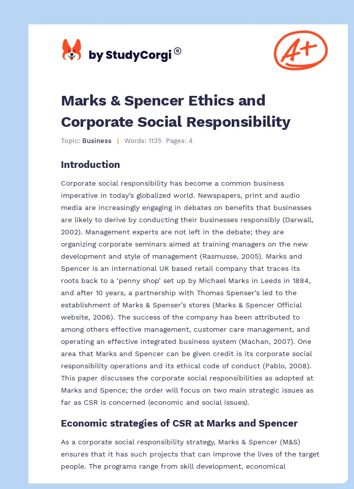 Marks & Spencer Ethics and Corporate Social Responsibility. Page 1