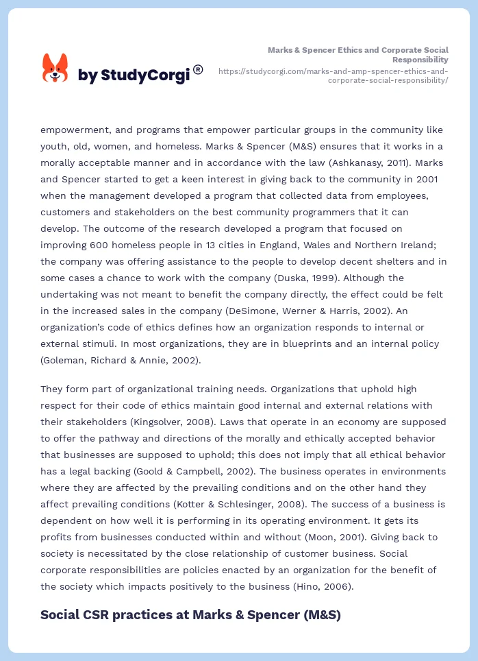 Marks & Spencer Ethics and Corporate Social Responsibility. Page 2