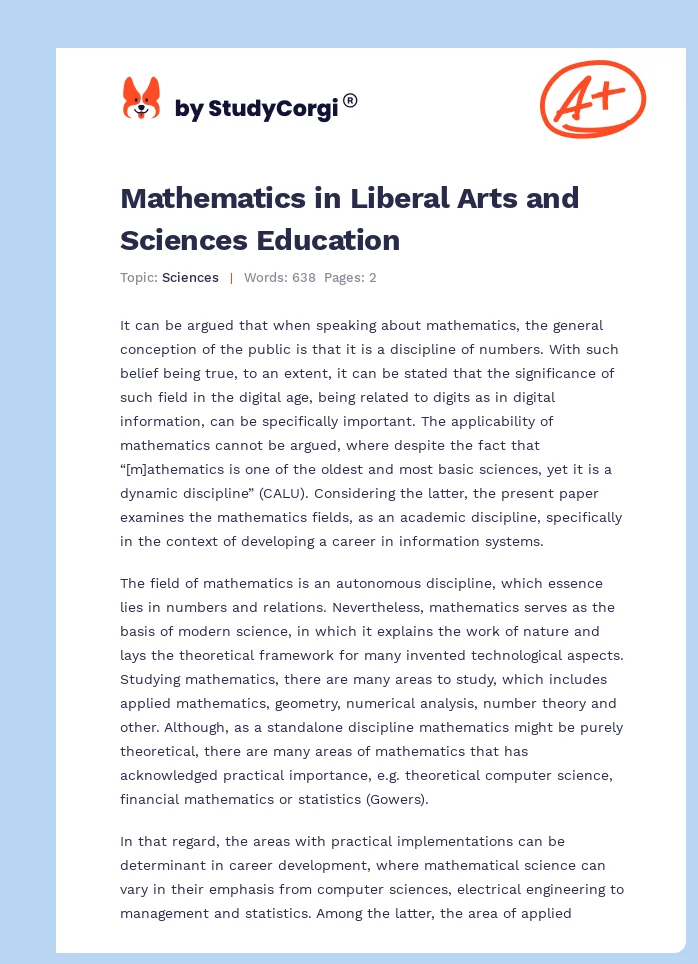Mathematics in Liberal Arts and Sciences Education. Page 1