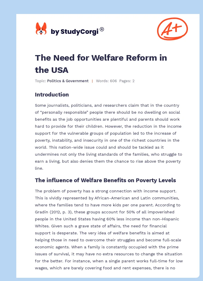 The Need for Welfare Reform in the USA. Page 1