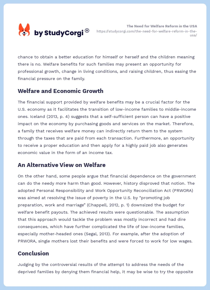 The Need for Welfare Reform in the USA. Page 2