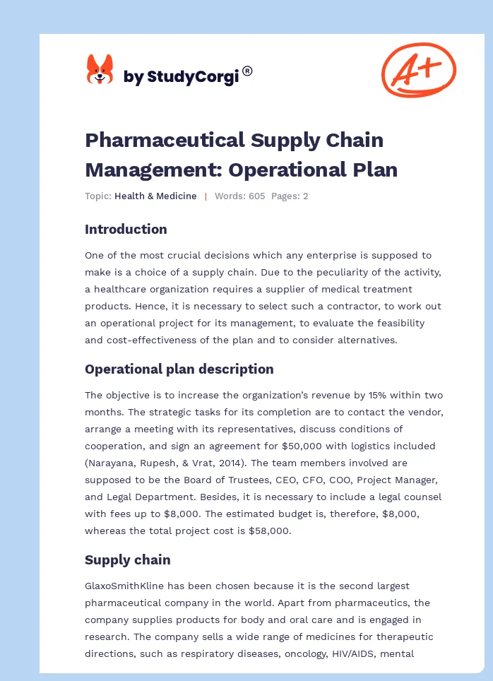 Pharmaceutical Supply Chain Management: Operational Plan. Page 1