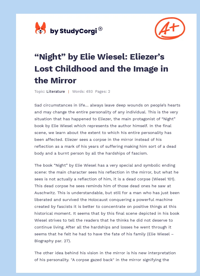 “Night” by Elie Wiesel: Eliezer’s Lost Childhood and the Image in the Mirror. Page 1