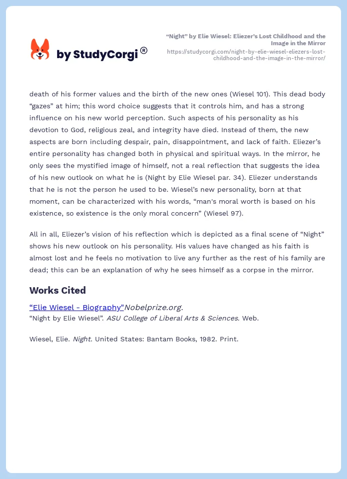 “Night” by Elie Wiesel: Eliezer’s Lost Childhood and the Image in the Mirror. Page 2