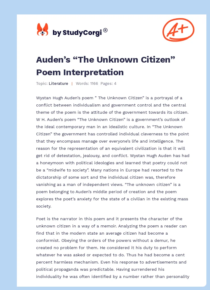 Auden’s “The Unknown Citizen” Poem Interpretation. Page 1
