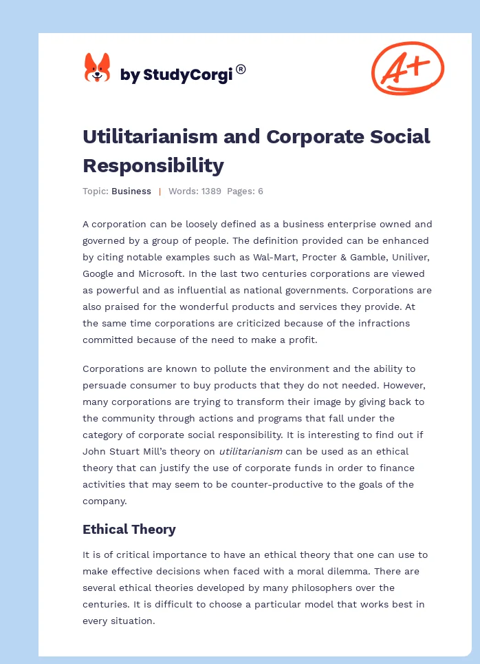 Utilitarianism and Corporate Social Responsibility. Page 1