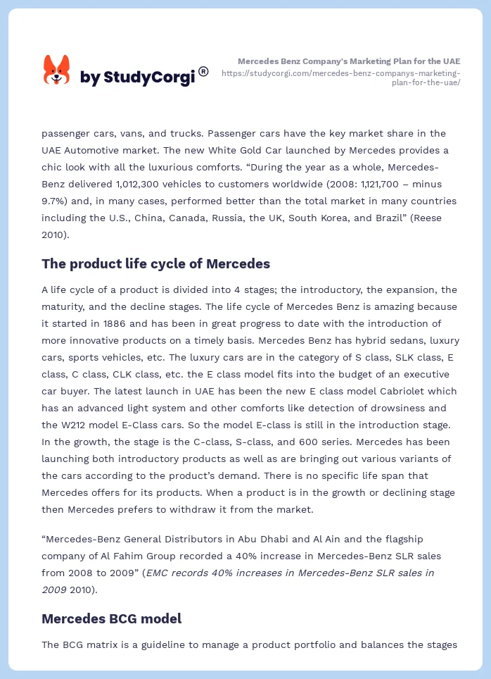 Mercedes Benz Company's Marketing Plan for the UAE. Page 2
