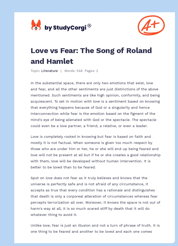 Love vs Fear: The Song of Roland and Hamlet. Page 1
