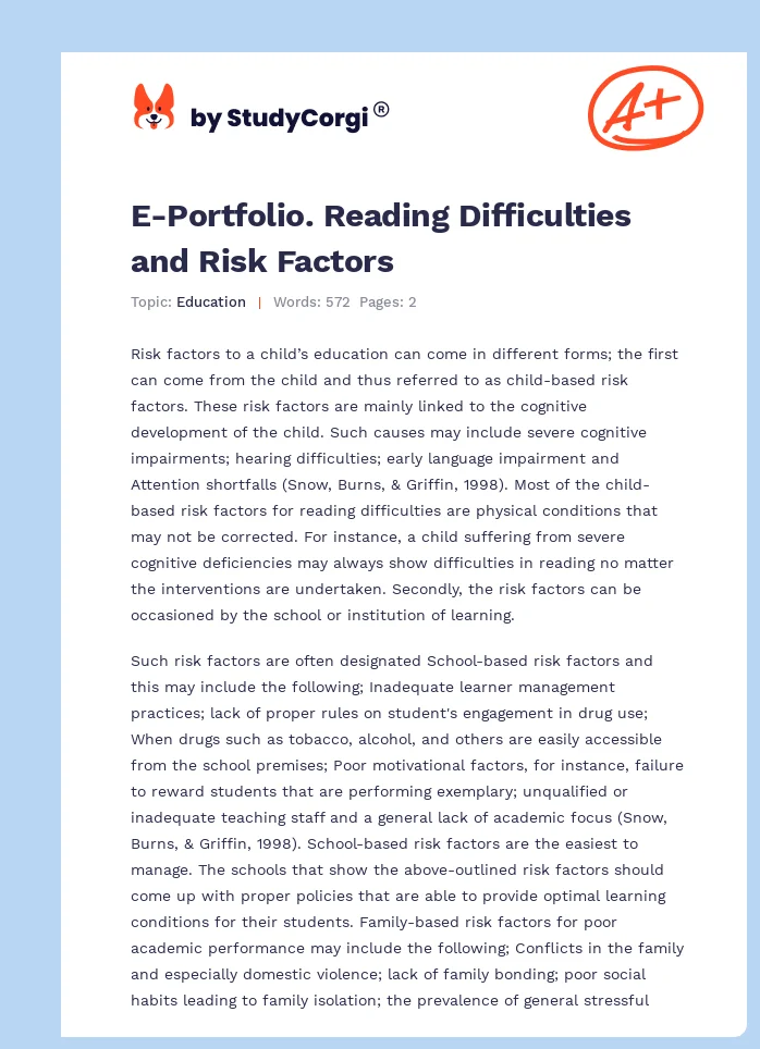E-Portfolio. Reading Difficulties and Risk Factors. Page 1