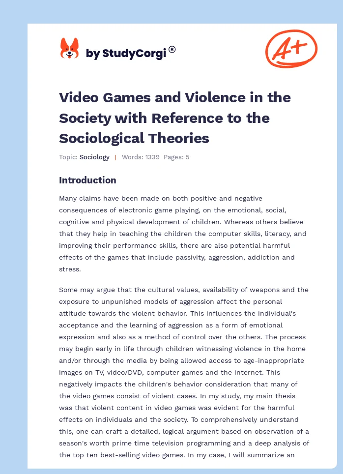Video Games and Violence in the Society with Reference to the Sociological Theories. Page 1