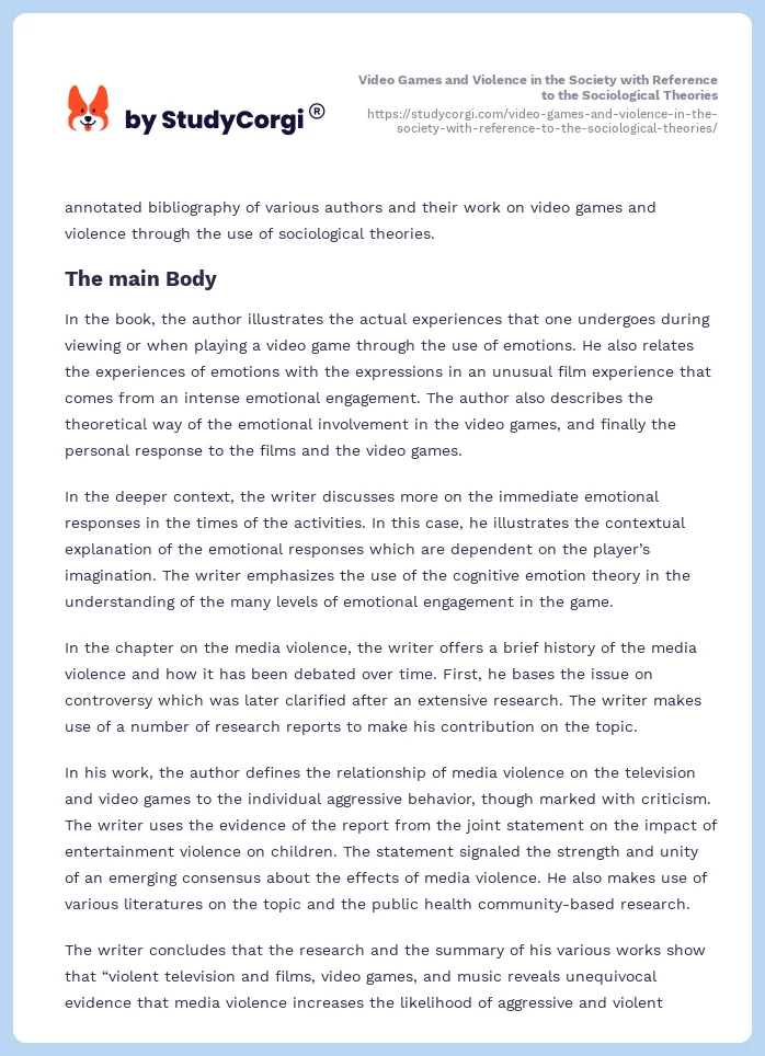 Video Games and Violence in the Society with Reference to the Sociological Theories. Page 2